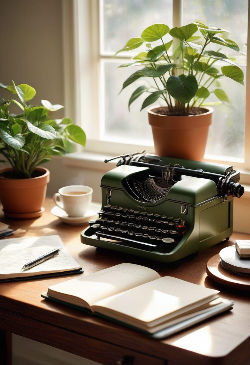 A serene workspace with a vintage typewriter, an open notebook filled with handwritten notes, and a steaming cup of coffee. Soft sunlight filtering through a window, casting warm shadows, suggests creativity in the air. Include a small plant for freshness and inspiration. super-realistic. warm colors. cozy atmosphere.