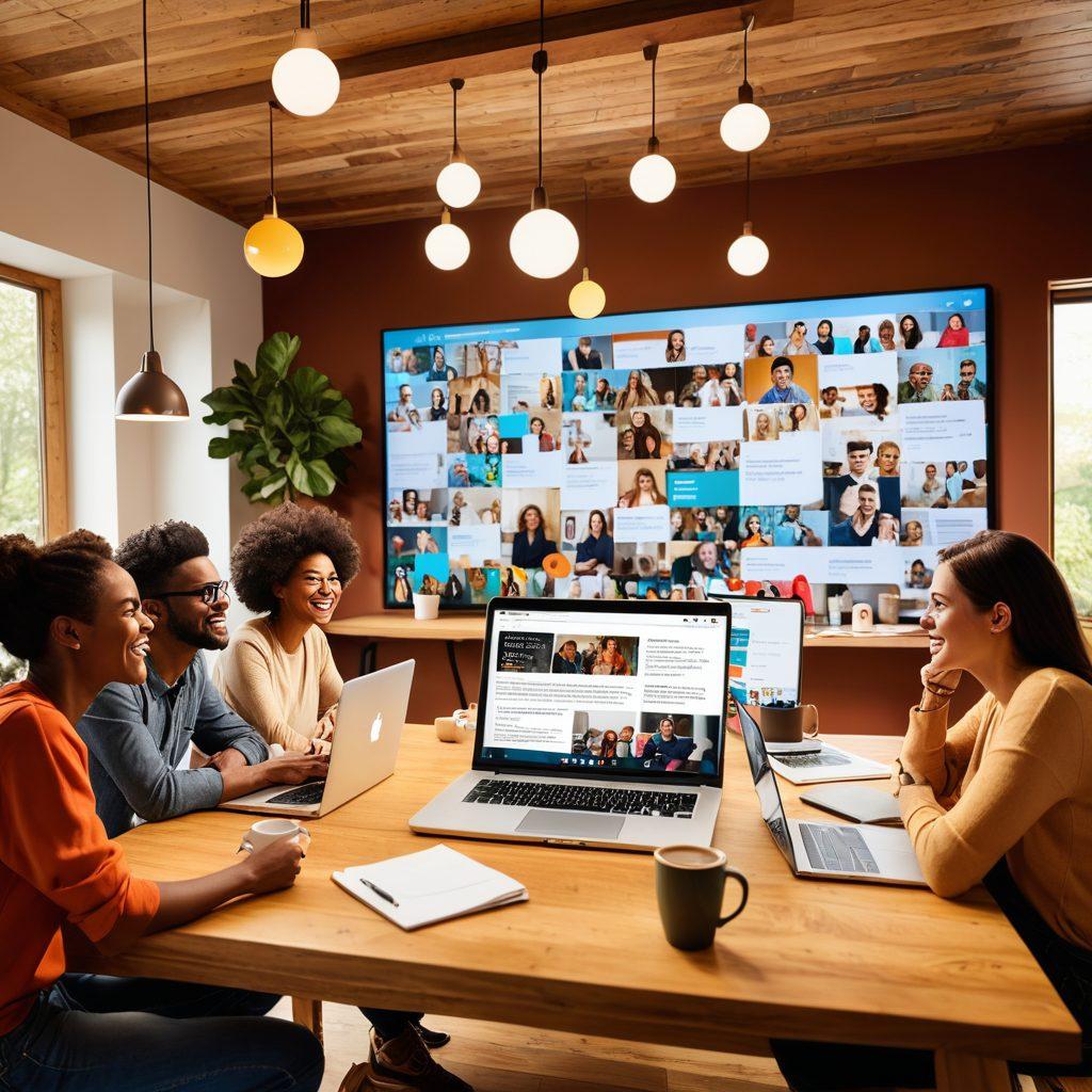 A diverse group of people gathered around a large table, engaging in lively discussions with laptops and coffee cups. Colorful speech bubbles floating above, showcasing various blog topics and ideas. A digital screen in the background displays an array of blog community articles and engagement tips. Warm lighting and an inviting atmosphere create a sense of connection and collaboration. vibrant colors. super-realistic.