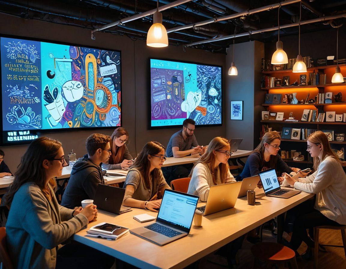 A vibrant scene depicting a diverse group of amateur writers transforming into passionate bloggers, surrounded by laptops, notebooks, and coffee cups. In the background, a large digital screen displays a mesmerizing story being shared, while creative elements like speech bubbles, storylines, and whimsical characters float around them, symbolizing the art of storytelling. The atmosphere is energetic and inspiring, illuminated by warm light. super-realistic. vibrant colors. modern digital art.